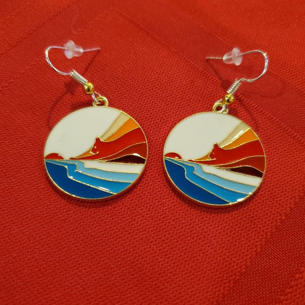 Colorful Wave Hidden Cat In Nature Dangle  Earrings